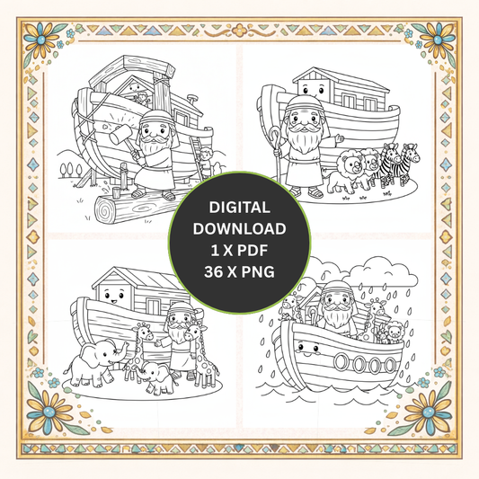 Arche Noah Malbuch für Kinder – Die Bibelgeschichte zum Ausmalen | 36 Ausmalbilder mit Noah, der Arche und vielen Tieren.