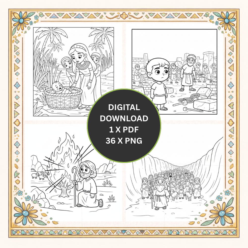 Moses Malbuch für Kinder – Der Weg in die Freiheit | Bibelgeschichte zum Ausmalen | Ausmalbuch mit 36 Motiven zur Geschichte von Moses, dem Auszug aus Ägypten und dem Weg ins gelobte Land | kreatives Lernen für Kinder.