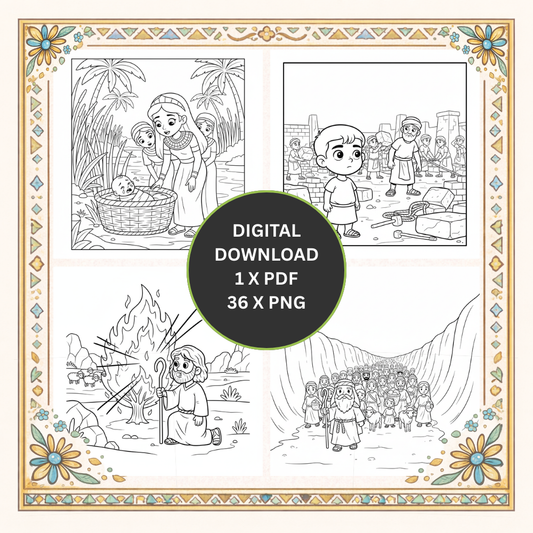 Moses Malbuch für Kinder – Der Weg in die Freiheit | Bibelgeschichte zum Ausmalen | Ausmalbuch mit 36 Motiven zur Geschichte von Moses, dem Auszug aus Ägypten und dem Weg ins gelobte Land | kreatives Lernen für Kinder.