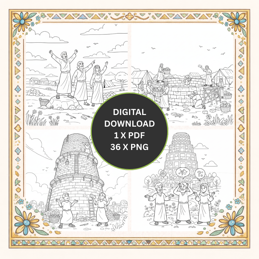 Turm zu Babel Malbuch für Kinder – Bibelgeschichte zum Ausmalen | 36 Ausmalbilder zur Geschichte vom Turm zu Babel.