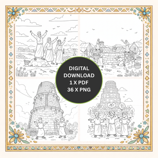 Turm zu Babel Malbuch für Kinder – Bibelgeschichte zum Ausmalen | 36 Ausmalbilder zur Geschichte vom Turm zu Babel.