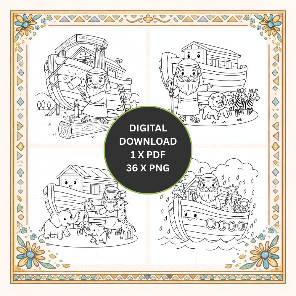 Arche Noah Malbuch für Kinder – Die Bibelgeschichte zum Ausmalen | 36 Ausmalbilder mit Noah, der Arche und vielen Tieren.