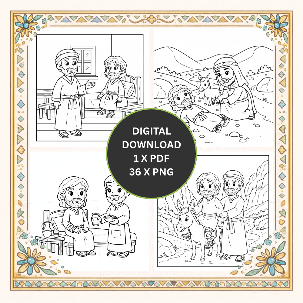 Der barmherzige Samariter – Bibel Malbuch für Kinder | 36 Ausmalbilder zur Bibelgeschichte über Nächstenliebe.