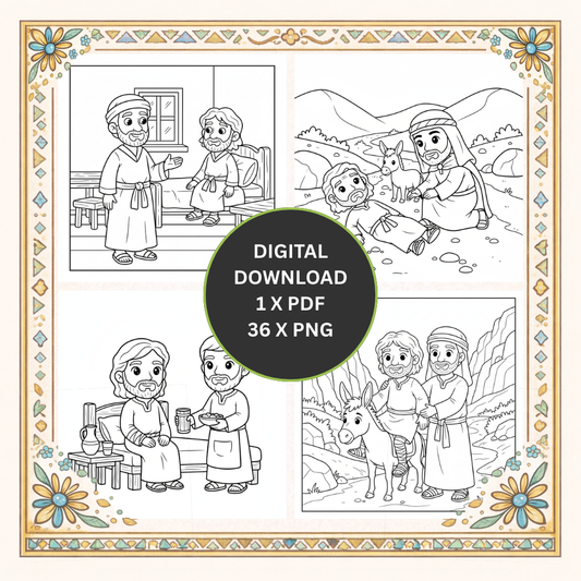 Der barmherzige Samariter – Bibel Malbuch für Kinder | 36 Ausmalbilder zur Bibelgeschichte über Nächstenliebe.